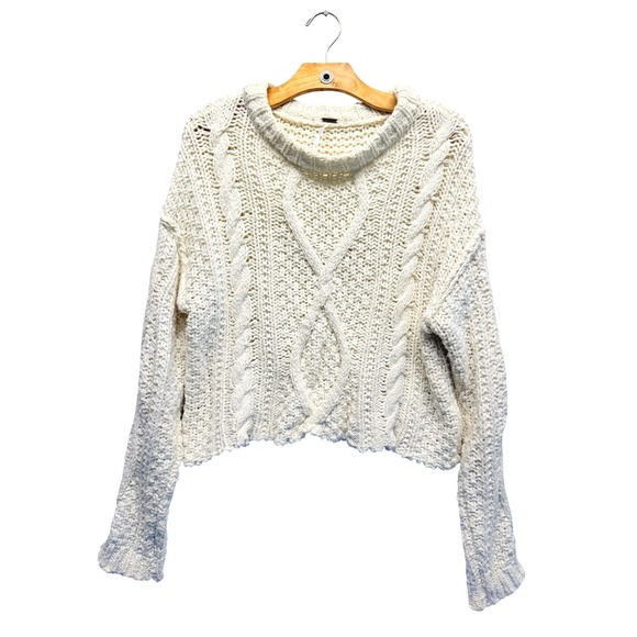 Free People Sweaters - Free People Cream Chunky Cable Knit Cropped Sweater Roll Neck Boho Relaxed